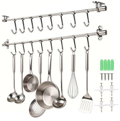 Funnacle 20 Kitchen Utensil Rack with 8 Sliding Hooks, 304 Stainless Steel Kitchen Rail with Hooks, Utensil Hanging Rack Wall Mounted, Pots and Pans Hanging Rack 2 Packs