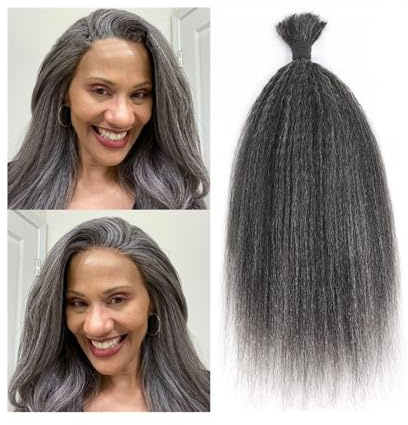 Sans nœuds Mèches de cheveux humains crépus lisses et gris, en vrac, for tressage, Remy, crochet, sans trame, 50 g, 1 pièce