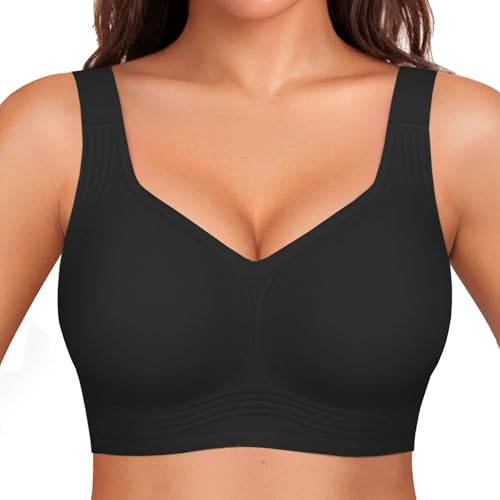 Yutdeng Bygellös push-up-bh dam full täckning V-ringning sömlös Amaframe Behållare med avtagbar vaddering och justerbara remmar enkla bekväma behåar, Svart, M