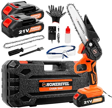 HOMEREVEL- Portable 6 Inch Mini Chainsaw Cordless, Battery Powered with 2 Batteries 2x2.0 Ah and 2 Chains, Handheld Power Tool for Tree Trimming, Wood Cutting and Gardening Gift for Men and Woman