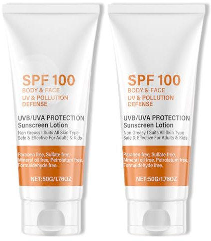 2 stycken solkräm Lsf 100, solskyddsmedel ansikte SPF 100, solskyddsmedel 100 skyddsfaktor, sollotion med UV/UV-skydd, fuktgivande, icke-fet, för alla hudtyper