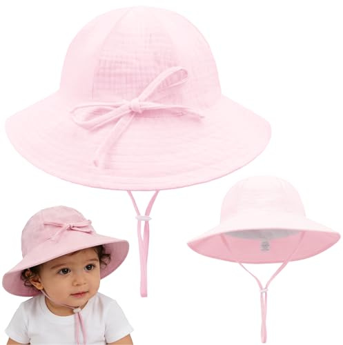 AMOturuxient Baby Sun Hat Cotton Bucket Hat with Chin Strap, Soft Breathable Infant Summer Hat, Adjustable Floppy Beach Cap for Toddler Boys Girls 0-24 Months