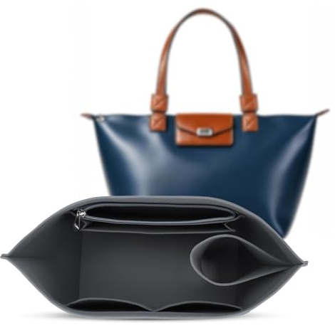 Gokemuak Taschen Organizer für Longchamp Le Pliage L, Filz Grau | 8 Fächer Reißverschlussfach 3 mm Filz Größe 28 x 17 x 25 cm für große Tote-Bags und schnellen Taschenwechsel