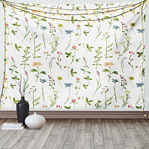 ABAKUHAUS Blumen Wandteppich und Tagesdecke, Herb Flowers Aquarelle aus Weiches Mikrofaser Stoff Waschbar ohne Verblassen Digitaldruck, 230 x 140 cm,Weiß Grün