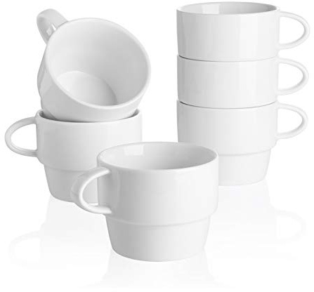 Sweese 411.001 Porcelain Cappuccino Cups - Stackable Coffee Cups - 6 Ounce for Specialty Coffee Drinks, Cappuccino, Mocha and Tea - Set of 6, White | 6 oz size, stackable cups, for espresso and Coffee Drinks, Latte, Tea, cappuccino, set of 6, Dishwasher Safe
