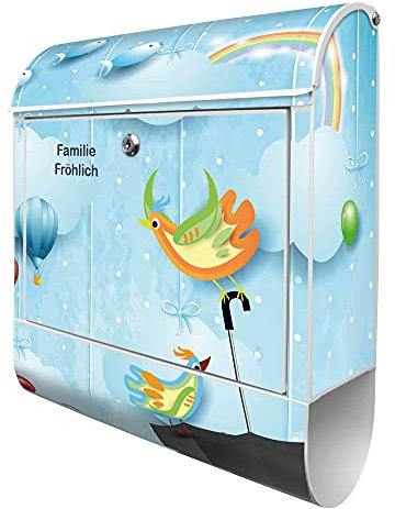 banjado Design Briefkasten mit Zeitungsfach 38,5 x 46,5 x 13cm / Postkasten mit Zeitungsrolle/Stahl Briefkasten bunt/Wandbriefkasten A4 Einwurf, Montagematerial, 2 Schlüssel Fliegender Regenschirm