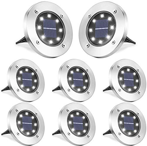 LYHOPE Solar Ground Lights Outdoor, 8 Pack 8 LED Solar Disk Lights Waterproof Garden In-ground Pathway Light Landscape Lighting for Lawn,Yard,Deck,Patio,Walkway (White)