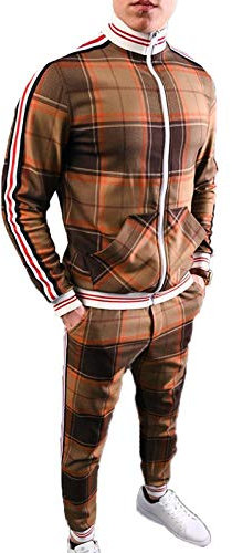 Keephen Träningsoveraller för män toppar + byxor diagonal pläd mönster zip up jackor kostym, GUL, 3XL