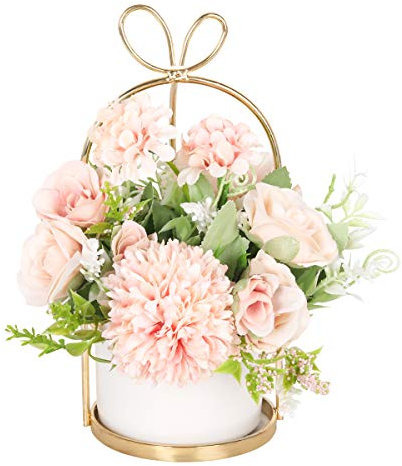 Hobyhoon Flores artificiales de seda con jarrón, hortensias falsas y crisantemo, arreglo floral para decoración del hogar, boda, centro de mesa, decoración de escritorio de sala de estar