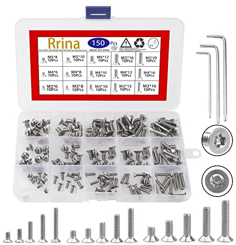 Rrina 150Pcs 304 Stainless Steel Flat Head Torx Security Machine Screws Tamper Resistant Screw Assortment Set, M3 M4 M5 with 3 Wrench(T10 T20 T25)