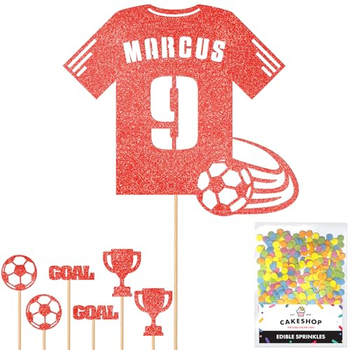 Personalised Birthday Football Kit Jersey Cake Topper- Red Any Name & Age Number Glitter Cake Decoration and Sprinkles - Happy Birthday Decorations - Personalised Toppers for Cakes by Cakeshop