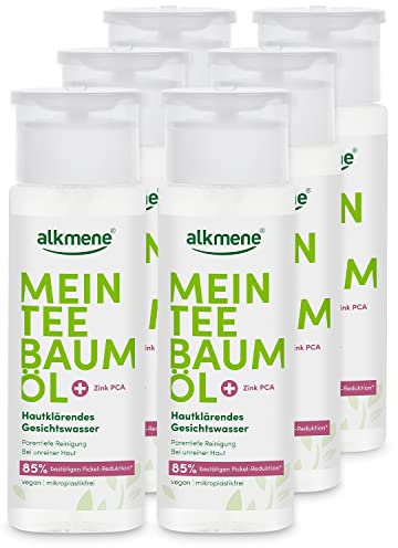 alkmene Mein Teebaumöl Gesichtswasser 6x 150 ml Pickel Reduktion 85% bestätigt - naturreines Teebaumöl, vegan & klimaneutral - Gesichtsreinigung für unreine Haut - Facial Toner Gesicht, Face Tonic