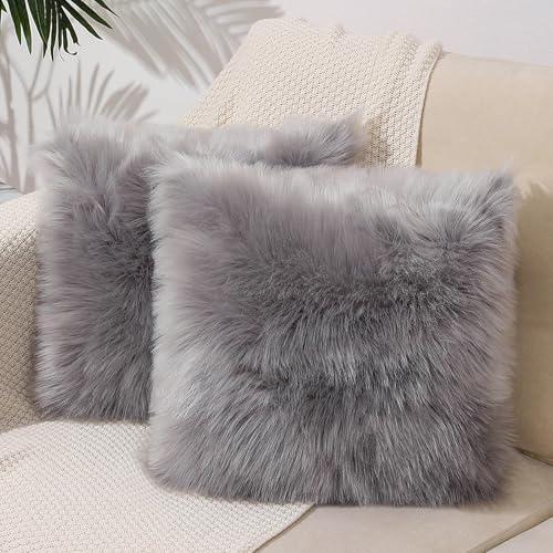 linmopm Excluding Insert Faux Fur Sheepskin Pillow Cover White Shag Fuzzy 18x18 Inch Grey 2 Pcs Super Soft Fluffy Cushion Plush Pillow Case Luxury Living Room Sofa Bed Home Decor Chair Cushion