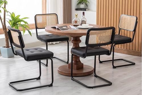 KCC Mid Century Modern Dining Chairs Set of 4, Faux Leather Rattan Dining Room Kitchen Side Chairs with Metal Legs and Upholstered Seat for Dining Room, Living Room, Bedroom,Black