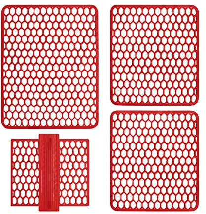 Juego de alfombrillas para fregadero de 4 piezas para fregadero y fregadero, escurridor de colores, goma (rojo)