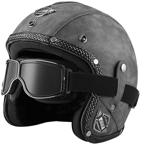 EBAYIN Motorradhelm, Halbhelm Retro Harley Lederhelm Mofa-Helm Motorradhelm 3/4-Helm Jethelm Vintage-Pilotenhelm ECE Zertifiziert Cruiser Chopper Roller mit Schutzbrille,H-L=(59~60cm)