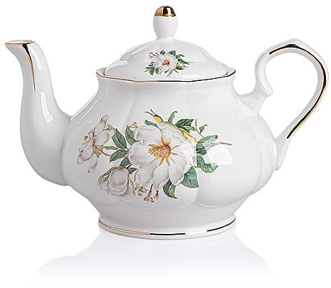 Sweejar Home Porcelain Teapot, 850ml Vintage Floral Gold Rim Design Ceramic Tea Pot, Flower Tea Loose Leaf Teapot, Coffee Pot, Women and Tea Lovers, 3-4 Cups (Camellia)