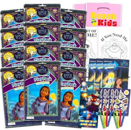 Disney Wish Geburtstagsparty-Gastgeschenke und Zubehör, 12 Stück – Bündel mit 12 Wunsch-Aktivitäten-Spielpacks mit Mini-Malbüchern, Aufklebern, Geschenktüten und mehr (Wish Party Dekorationen)
