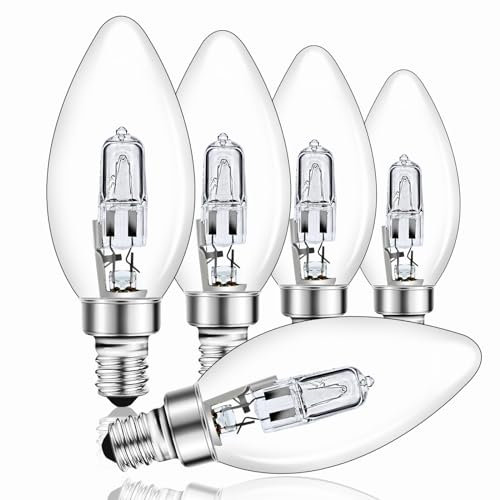 E14 42W Halogen Kerzenbirnen, Warmweiß 2700K Dimmbar, C35 Edison Schraubbirne E14 Halogenlampe, Klar Halogen Kerze Vintage E14 Glühbirne für Kronleuchter, 5 Stück