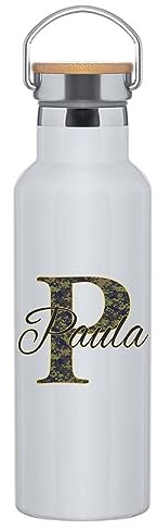 C&P Botella personalizada con nombre + inicial, Botella original tapón a rosca en acero inox, con detalle de bambú y asa integrada térmica de doble Capa bebidas frías 24h y Calientes 12h, 500 ml (3)