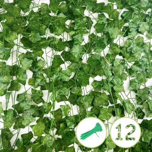 Diompirux 12 viti finte che cadono realistiche con set di 50 serricable, 2,2 m Edera artificiale ghirlanda, artificiale all'aperto, finto edera fogliame, vite decorazione per giardino, casa