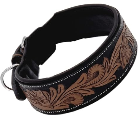 Leder Halsband Blair Lederhalsband Breit M L XL punziert Blumen Schwarz Braun Hundehalsband unterlegt (L)