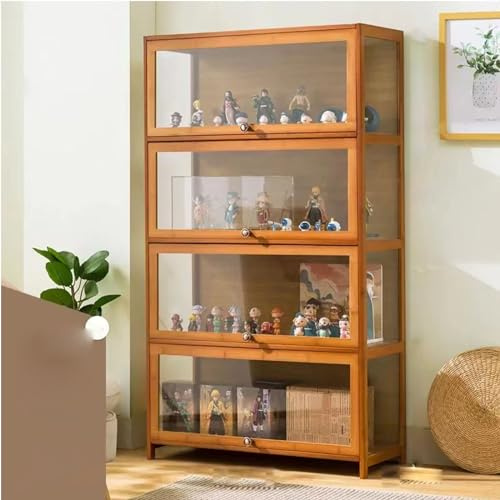 Vitrine de Collection, Cadre en Bambou Naturel, Vitrine de Collection Acrylique, Résistant à la Poussière, Idéal Pour la Maison et le Bureau (4-floors-80cm, Wood color)