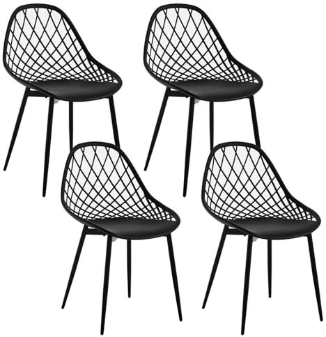 Klihome Esszimmerstühle 4er Set, Küchenstuhl mit hohler Rückenlehne, Wohnzimmerstuhl mit Metallbeinen, Kunststoffstuhl für Küche Wohnzimmer Balkon, skandinavisch modern, Schwarz, K0017EZS-4