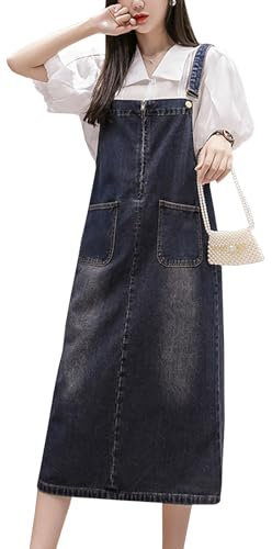 Yishengwan Salopette Gonna Donna Jeans Lunga Vestito Salopette Overall Denim Vestiti Taglie Forti con Tasche Blu Scuro M