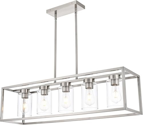 A1A9 Bauernhaus-Kronleuchter für Kücheninsel, gebürstetem Nickel Esszimmer Beleuchtung, moderne rechteckige Pendelleuchten Kronleuchter mit klarem Glas Schatten (Nickel, 5-Licht)