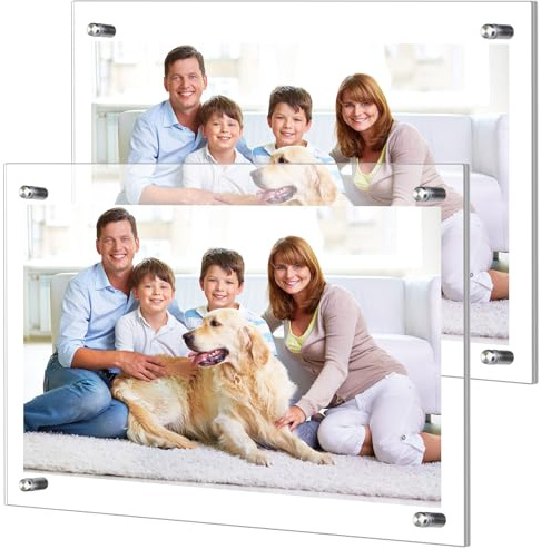 DoubleFill 2 Pack Extra Large Frameless Floating Acrylic Frame Wall Mount Magnetic Acrylic Picture Frames with Chrome Standoffs Double Panel Floating Frame for Photo Poster Display (16 x 20 Inch)