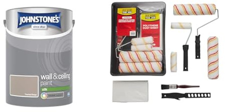 Johnstone's - Wall & Ceiling Paint - Toasted Beige - Silk Finish - Emulsion Paint - Fantastic Covera & Fit For The Job 10pcs Home Decorating Kit Paint Rollers & Tray Set with Paint Brush,Dust Sheet
