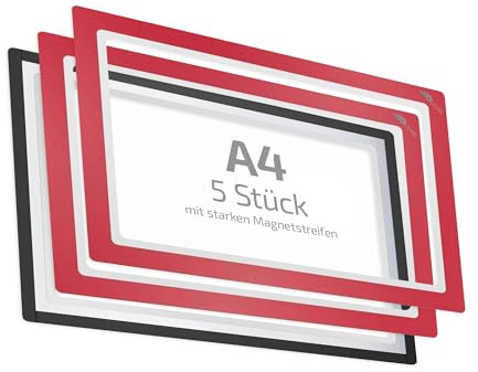 spLEAN 5 Stück Dokumentenhalter magnetisch DIN A4, Rahmen, rot, Aushang aus stabiler Vinyl-Hartfolie Stärke 0,70 mm, mit Magnetrahmen, Made in Germany