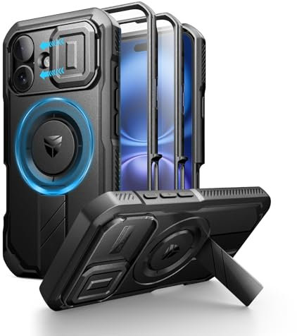 Dexnor pour Coque iPhone 16 Magnétique avec Couverture de Caméra Coulissante & Support Réglable & Film de Protection D'écran Intégré, Boîtier de Résistant aux Pare Chocs Robuste - Noir