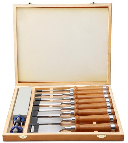 8-teiliges Stechbeitel-Set, Zimmermannsmeißel mit Aufbewahrungskoffer aus Holz, Schleifstein, Schleifführung und Schutzkappen, professionelles Stechbeitel-Set (6 mm, 10 mm, 12 mm, 19 mm, 25 mm, 32 m