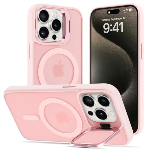 Cover Magnetica per iPhone 15 Pro Max con Cavalletto, Compatibile con Magsafe, Supporto per la Fotocamera Integrato Custodia, Militare Antiurto Sottile Protettiva Traslucida Glassata Case, Rosa