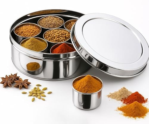 See Through Stainless Steel High Grade Spice Container 7 Containers and Small Spoon See Through Masala Box Indian Masala Dabba | Stainless Steel Spice Box Indian with Transparent Lid (Neelam, Small)
