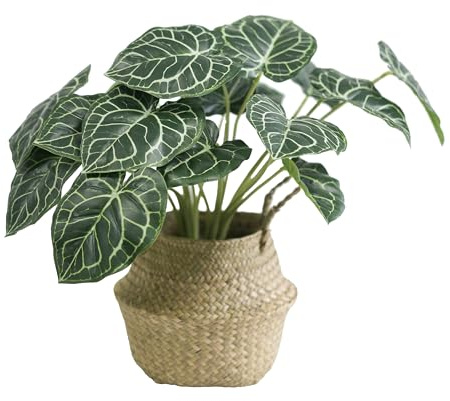 VerdantCharm Kristall-Anthurie Künstlich 46cm mit Topf – Echte Blätter Optik mit Kristallnerven, Pflegeleichte Zimmerpflanze Deko, Wohnzimmer Büro Bad, UV-beständig