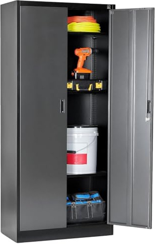 Stahlschrank 180x80x40 cm mit 2 Türen abschließbar - Metall Aktenschrank, Werkzeugschrank für Büro, Garage, Fitnessstudio (Silber&Schwarz)