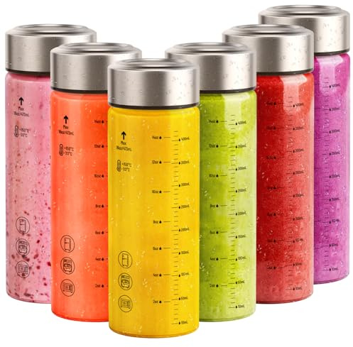 Sursip Glass Juice Bottles 6 Pack 16 oz – Wide Mouth Reusable Bottles with Stainless Steel Lids – Heat-Resistant Borosilicate Glass, BPA Free, Leakproof for Juicing, Smoothies, Milk, Infused Water