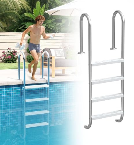 UISEBRT Escalera para piscina de acero inoxidable 304 | Escalera de piscina de 4 escalones | 157 x 54 x 26.5 cm - Plata | Escalera de piscina con protección antideslizante | Escalera de entrada para