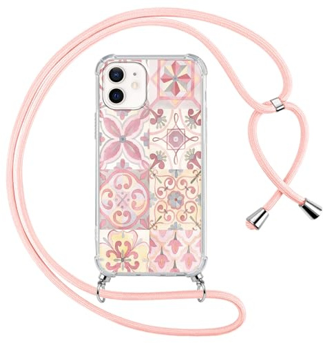 Foonary Trasparente Cover con Cordino per iPhone 12 mini Fiori, Custodia con Laccio Collana Tracolla Aesthetic Disegni Antiurto PC+TPU Bumper Protettiva Corda Case per iPhone 12 Mini 5,4,Rosa Flower
