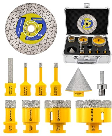 HIGHDRIL Coronas para Porcelanico 11 piezas-Brocas Diamante 6/6/8/20/35/50/68mm,Broca Chaflan 50mm,Fresa 10mm,125mm Disco Diamante,Adaptador para Cerámica,Porcelánico,Granito, Mármol