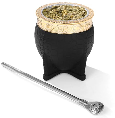 Tasse en forme de gourde bio Yerba Mate et bombilla en acier, 9,9 x 9,1 cm, avec cuillère et paille