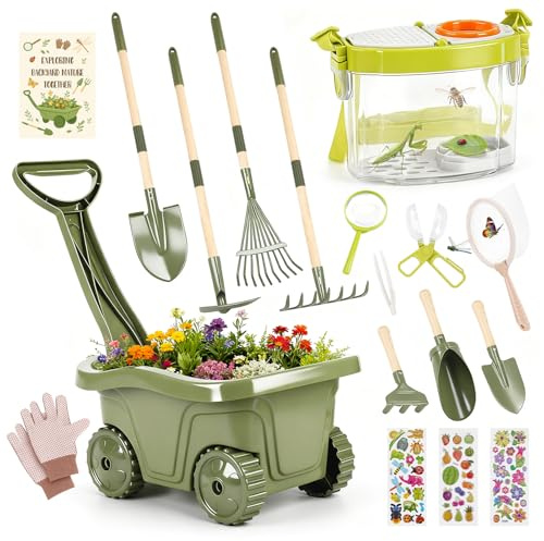 Dreamon Kinderschubkarre Garten Set mit Werkzeugen & Insekten-Entdecker Set – 17 PCS Entdecker- Schubkarre Kinder, Beobachtungsbox, Laubrechen – Gartenspielzeug & Outdoor Forscherset für Kinder ab 3