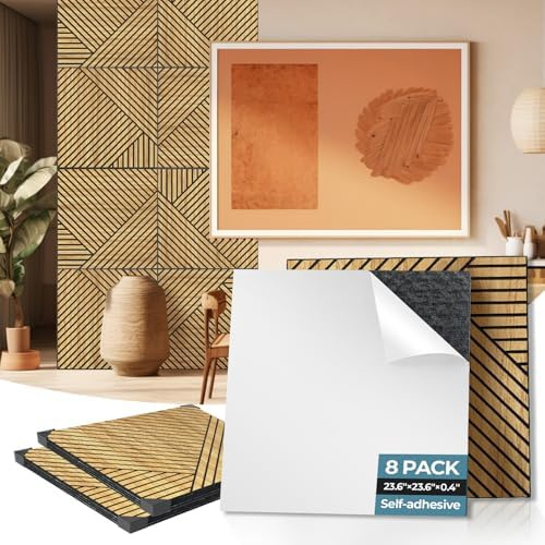 AKUMAX Self-Adhesive Soundproof Wall Panels- Wood 3D Wall Panels Cladding - Decorative & Sound Absorbing Acoustic Panels-Fire Retardant & FSC Certified -Pack of 8 Panels – 60x60cm(Teak)