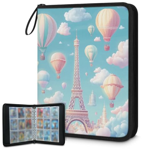 Card Binder 9 Pocket, 900 Pockets Trading Card Binder with Zipper Closure(Dreamy Hot Air Balloon Eiffel Tower)