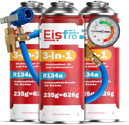 Eisfro - Kit di ricarica per climatizzatore 3in1 R134a – 3x 235 g di gas 3in1 con tubo di ricarica – Kit con manometro