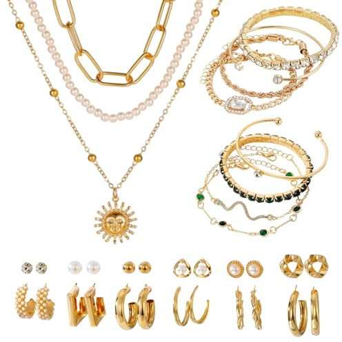 HTTDSLF 33 Stück Schmucksets für Damen, Schmuck Gold, Modeschmuck Schmuckset, mit 1 Halsketten, 8 Armbändern, 12 Paar Ohrringen, für Geschenke Geburtstags Valentinstag