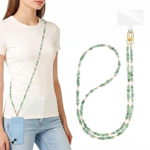 Cordino per Cellulare Tracolla in Pietra Naturale Verde, Collana Porta Cellulare Donna Elegante con Perline, Catena Telefono Universale Regolabile con Toppa